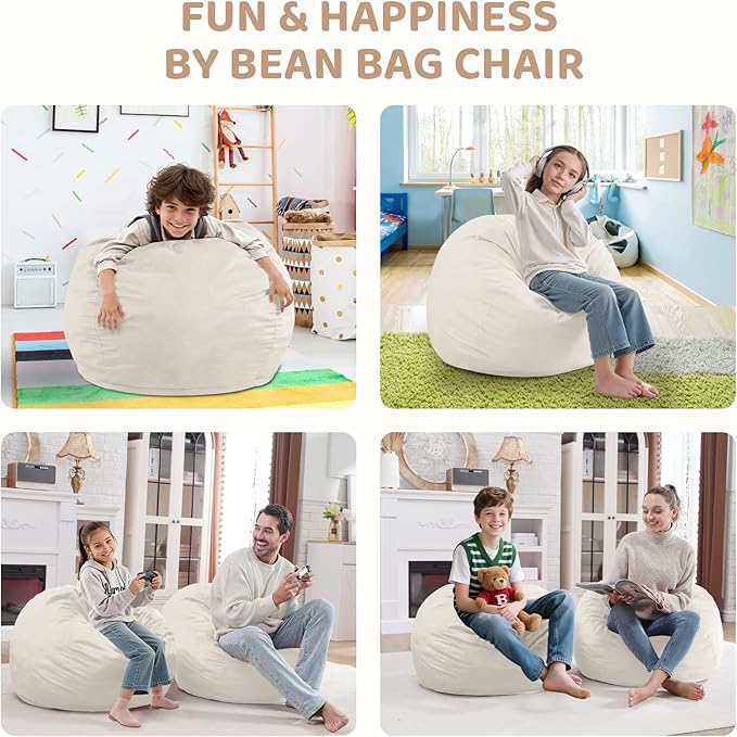 2FT Bean Bag Chair, Comfy Bean Bag Chairs with Memory Foam Filled, Fluffy Beanbag Sofa with Dutch Velvet Cover, Teardrop BeanBag Chairs for Living Room, Playroom - Beige