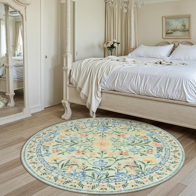 Wonnitar Washable Floral Round Rug, 6ft Sage Green Round Area Rugs for Bedroom Nursery, Boho Non-Slip Indoor Large Circle Carpets for Dining Room Living Room Kids Playroom