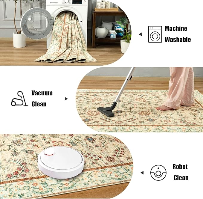 LOCHAS Washable Area Rugs 8x10, Beige Floral Rug for Living Room Bedroom Non Slip, Ultra Soft Vintage Indoor Carpet for Kids, Nursery, Dorm, Dining Room, Classroom, Boho Flower Home Decor, Low-Pile