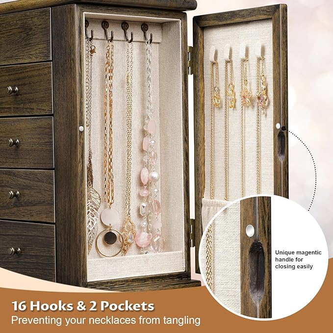 Jewelry Box for Women, 5 Layer Large Wood Jewelry Boxes & Organizers for Necklaces Earrings Rings Bracelets, Rustic Jewelry Organizer Box with Drawers and Mirror(Vintage)