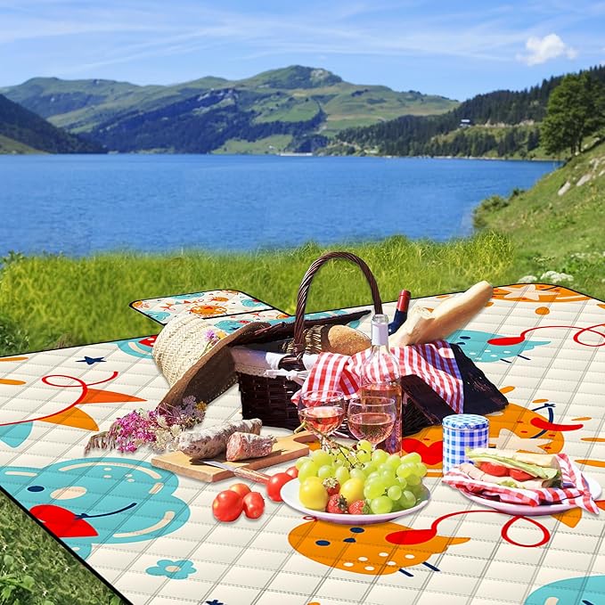 Poedist Extra Large Picnic Blanket Waterproof,80"x 80"Foldable Machine Washable Beach Blanket,Outdoor Blanket for 6-8 Adults,Suitable for Indoor Crawling,Park Beach,Camping,Hiking,Family Travel(Sun)