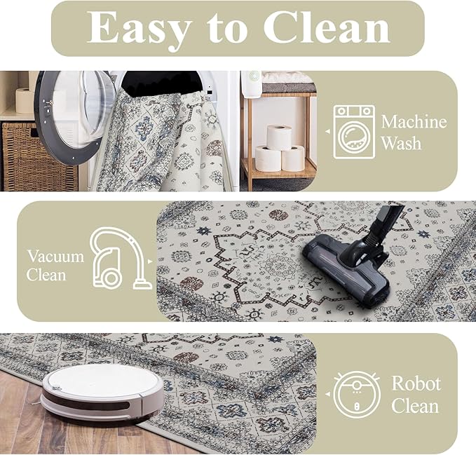 Washable 6x9 Area Rug for Living Room, Carpet for Bedroom Dining Room, Non Slip&Non-Shedding Resistant Low Pile Vintage Print Rug for Home Office (White Cream/Gray)