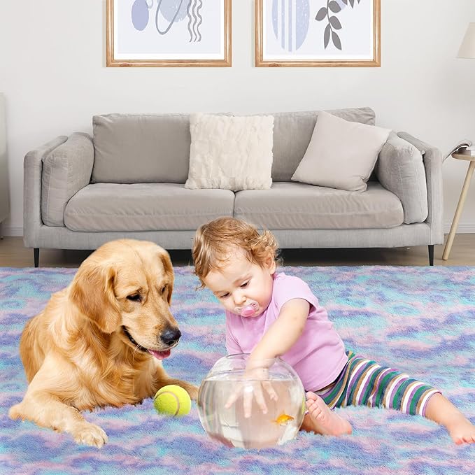 Rainbow Rug for Girls Room, 6x9 Fluffy Area Rugs for Bedroom, Colorful Kids Rug Cute Anti-Skid Indoor Carpet for Nursery, Living Room, Playroom, Home Decor