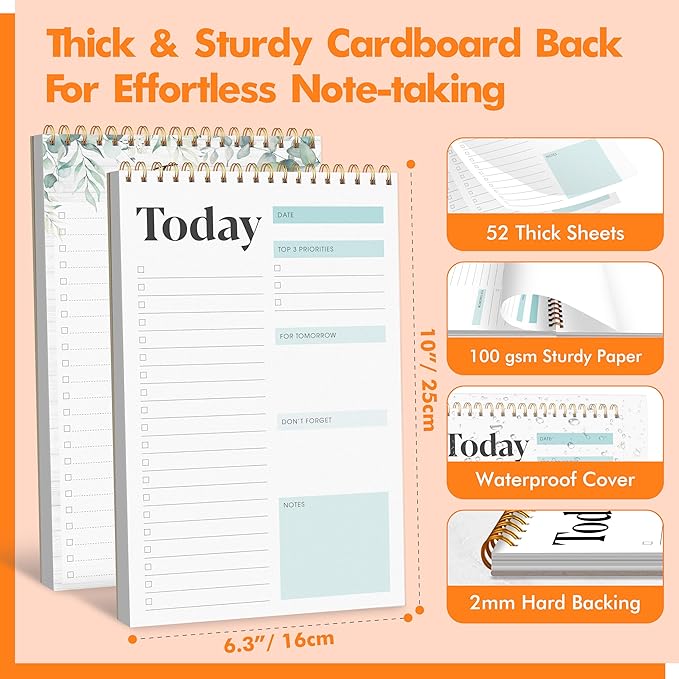 2 To Do List Notepads, Daily Planner Notebook with Tear-off Design, Undated Writing Organizer for Daily Tasks and Goal, Coiled Task Track Checklist Productivity Pad for Office, Classroom, Home, School
