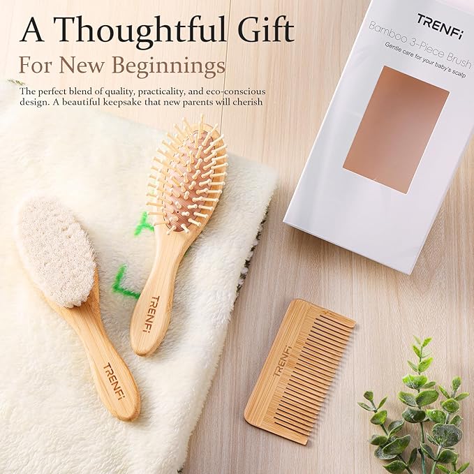Bamboo Baby Brush and Comb Set (3-Piece) | Ultra-Soft Goat Bristle Newborn Hair Brush for Gently Soothing Cradle Cap | Natural Massage Brush & Toddler Comb | Perfect Baby Registry & Shower Gift