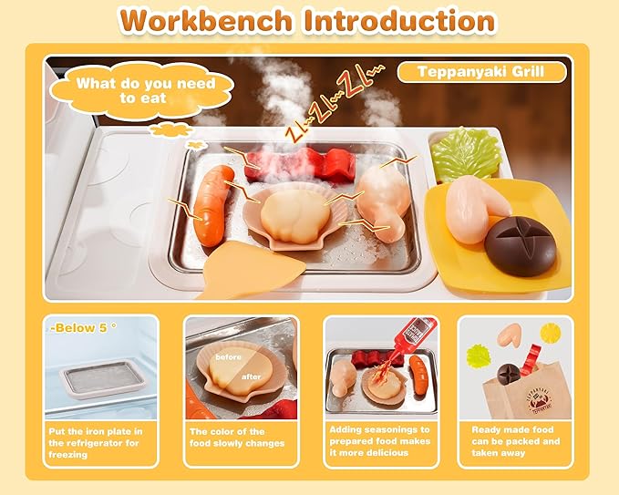 Kids Kitchen Food PlaySet - Simulated Teppanyaki Fast Food Restaurant Toy with Cash Register, Includes Color-Changing Food, Suitable Birthday Gift for Boys and Girls Aged 3-5