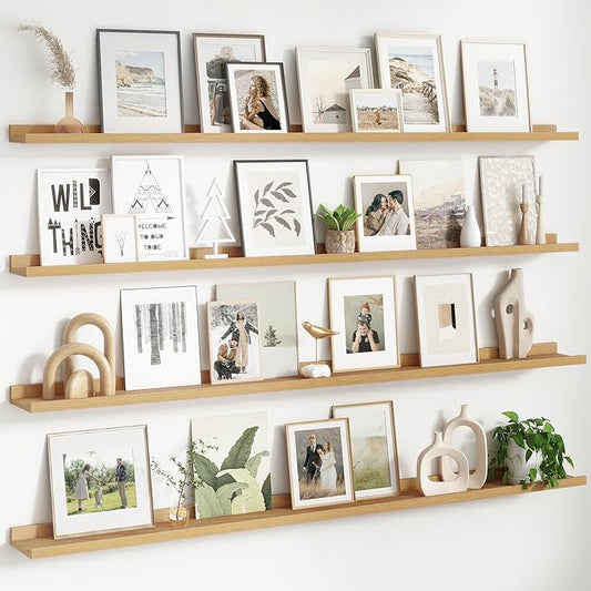 4-Pack 72 Inch Wall Mounted Floating Picture Ledge Shelves, Modern Oak Style, Perfect for Displaying Photos, Books, Collectibles, and More