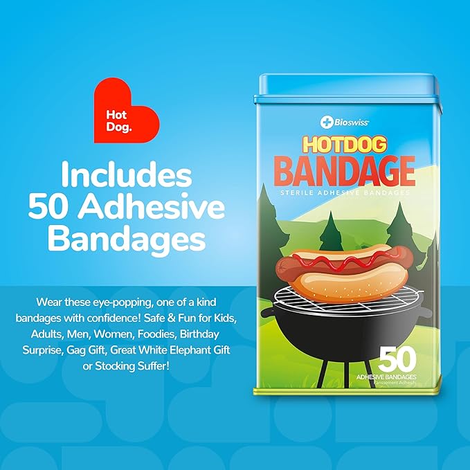 BioSwiss Bandages, Hot Dog Shaped Self Adhesive Bandage, Latex Free Sterile Wound Care, Fun First Aid Kit Supplies for Kids, 50 Count