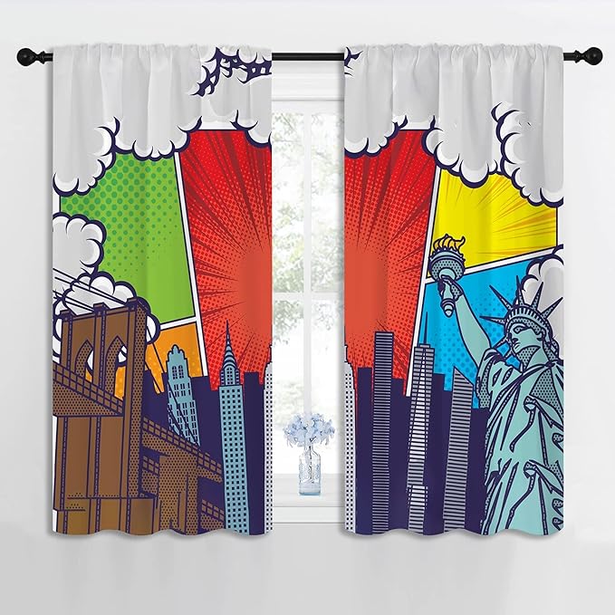 City Rod Pocket Blackout Curtains for Boy Girl Bedroom, Pop Art Style New York Cityscape Thermal Insulated Home Window Drapes for Living Room Darkening, 42x45 inch
