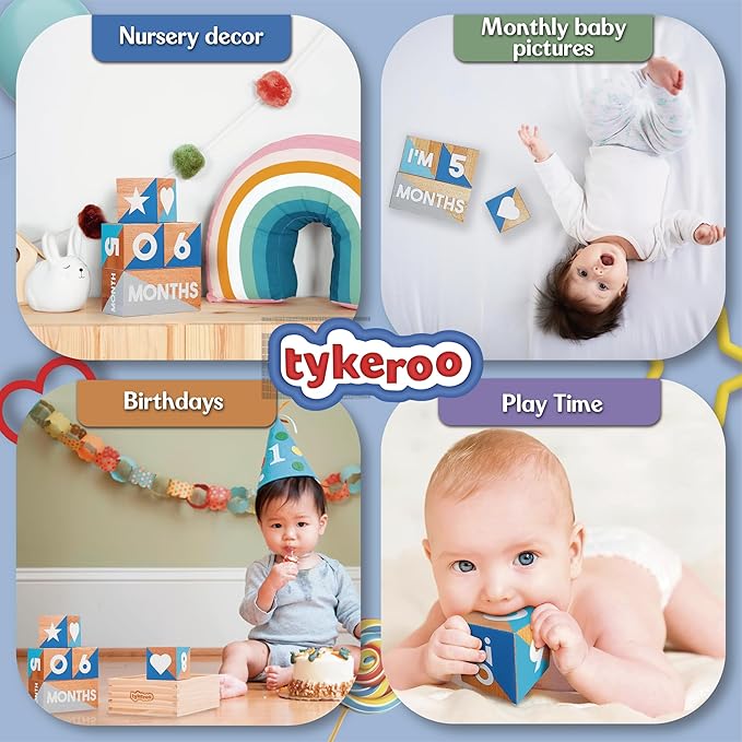 Baby Monthly Milestone Blocks — Cute Nursery Decor — Lovely Newborn Photography Props — Baby Shower Gifts (Blue & Gray)