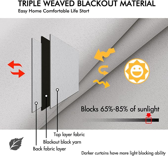 ANRODUO Back Tab Blackout Curtains for Bedroom Living Room, Rod Pocket Pinch Pleated Thermal Insulated Room Darkening Curtains 90 Inches Long 2 Panels, Greyish White, 42 x 90 Inch