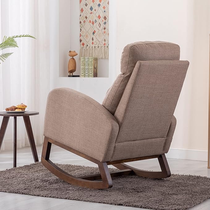 Dolonm Nursery Rocking Chair for Living Room, Upholstered Mid-Century Modern Nursery Rocking Armchair Tall Back Accent Glider Rocker, Camel