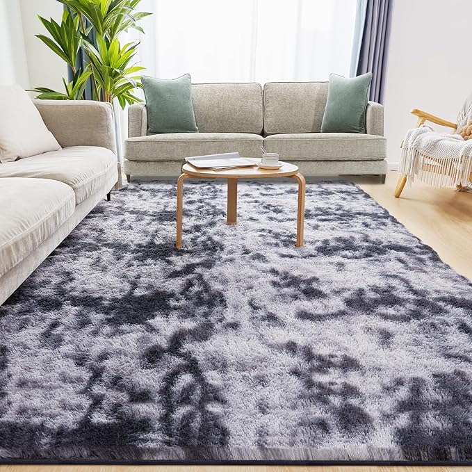 Fluffy Shag Area Rug, 4x6 Tie-Dyed Dark Grey Rugs for Bedroom, Soft Plush Area Rugs for Living Room, Non-Slip Indoor Carpet for Nursery, Study Room, Dressing Room, Home Decor