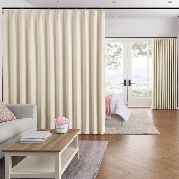 KEQIAOSUOCAI Extra Wide Curtains 100 x 102, Patio Sliding Door Pinch Pleated Blackout Curtains 102 Inches Long 2 Panels Set,100 Inch Wide Vertical Accordion Style Pleated with Hooks, Cream