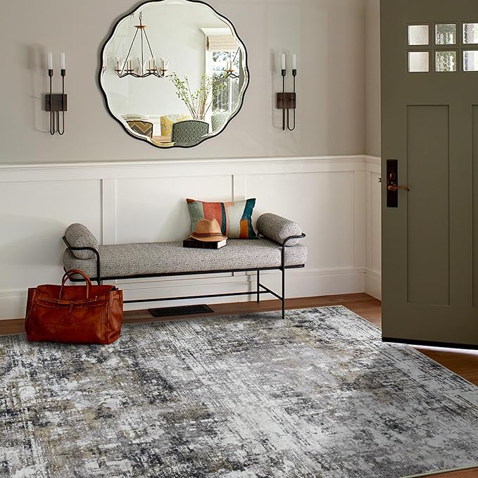 4x6 Area Rugs for Living Room Rug Washable: Modern Large Rug for Dining Room Bedroom Carpet Non Slip Low Pile 4 by 6 Indoor Abstract Nursery Home Office Black Gold