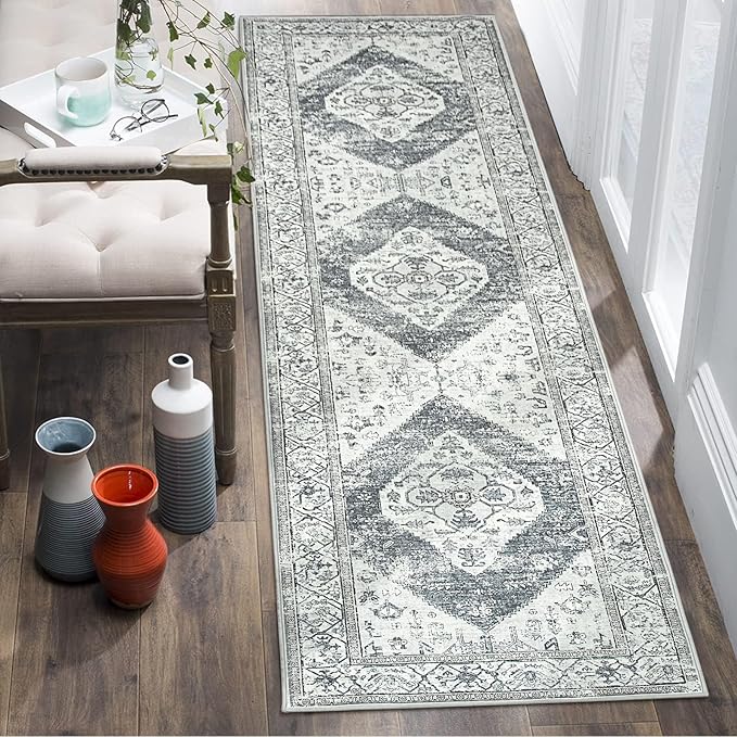 Lahome Boho Runner Rug for Hallway - 2x7 ‎Stain Resistant Non-Slip Kitchen Runners Non Skid Washable 7 Ft Lightweight Throw Bathroom Runner, Oriental Distressed Print Runner for Bedroom Laundry Room