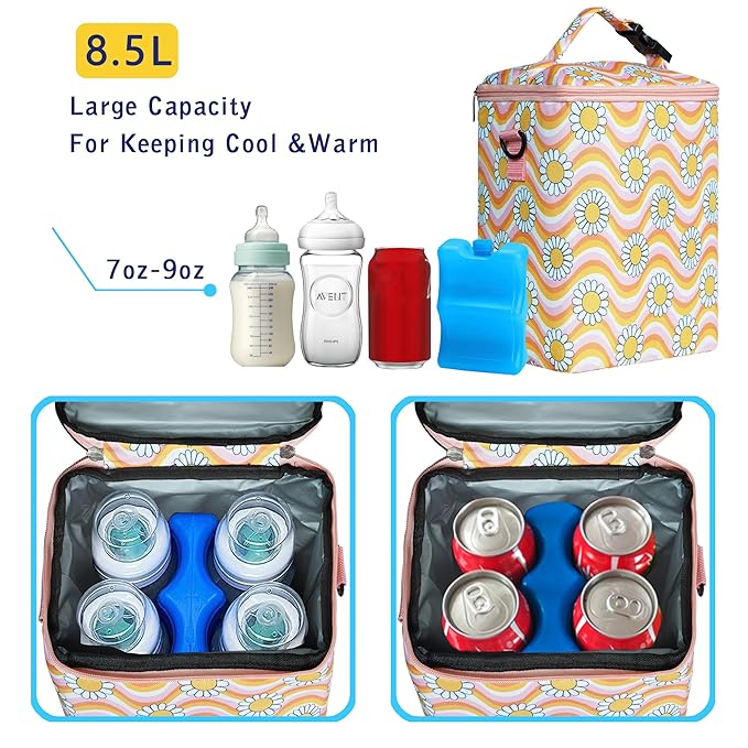 Breastmilk Cooler Bag with Ice Pack Fits 4 Baby Bottles Up to 9 Ounce Insulated Baby Bottle Bag Breast Milk Cooler on The Go with Strap Baby Bottle Cooler Bag for Nursing Mom Daycare or Travel