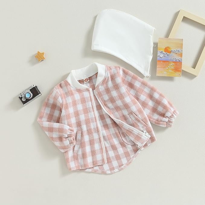 Douhoow Toddler Baby Plaid Jacket Baby Boy GIrl Flannel Hoodies Zip Up Hooded Fall Winter Outerwear Coat