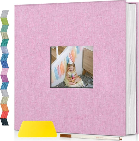 popotop Photo Album Self Adhesive with Picture Display Window,60 Pages DIY Scrapbooking Supplies Kit for 4x6 10x12 Picture,Linen Cover Memory Book for Baby Wedding, with Scraper and Metallic Pen