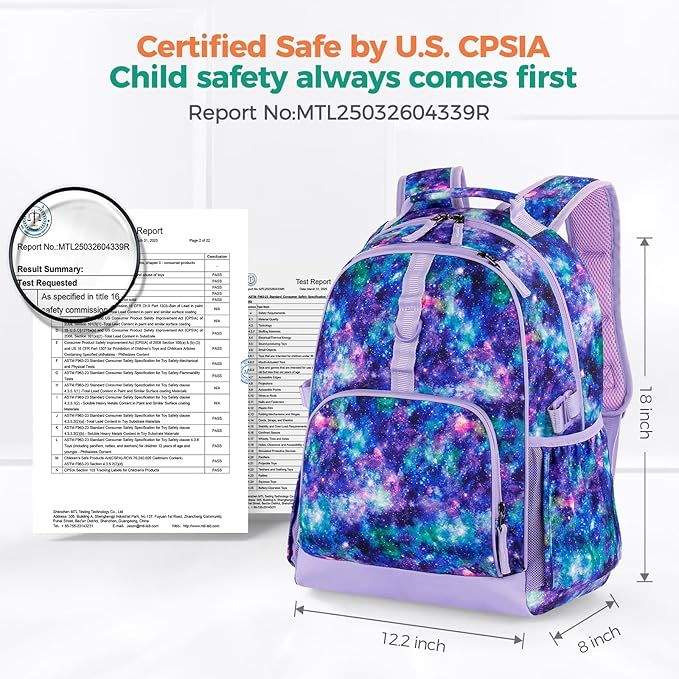 Choco Mocha Mermaid Backpack for Girls, Elementary School Backpack for Girls Ages 6-8 Kids Kindergarten Backpack Large Bookbag 18 Inch with Chest Strap, Blue Purple