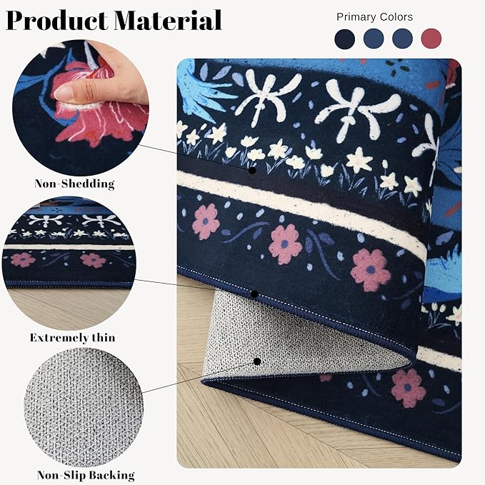 Area Rug 4x6 Rug Washable Vintage Floral Botanical Rugs Non Slip Low Pile Small Carpet for Bedroom, Bedside, Kids Room, Office, Dining Room, Blue