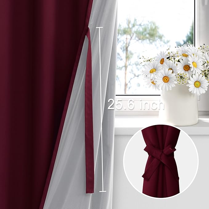 XWZO 100% Blackout Curtain Panels- Rod Pocket Thermal Insulated Black Liner Curtains, Noise Reducing and Heat Blocking Drapes for Hall and Studio Windows with Tiebacks, Burgundy, W70 x L84, Set of 2
