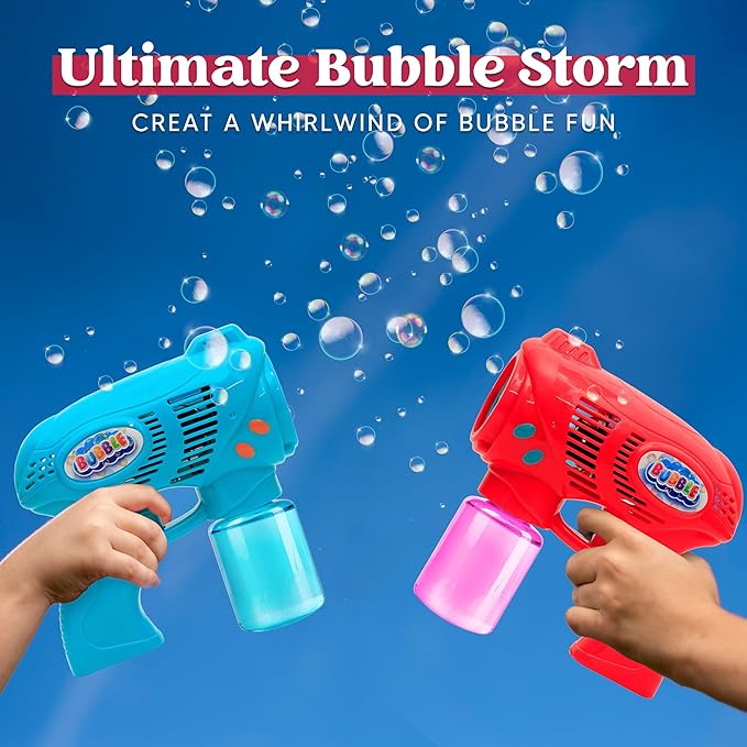 JOYIN 2 Bubble Guns with 2 Refill Solution (10 oz Total), Bubbles Maker, Blower, Machine Gun Blaster for Kids, Toddlers, Outdoors Activity, Party, Birthday Gift, Easter Toys (Blue+Red)