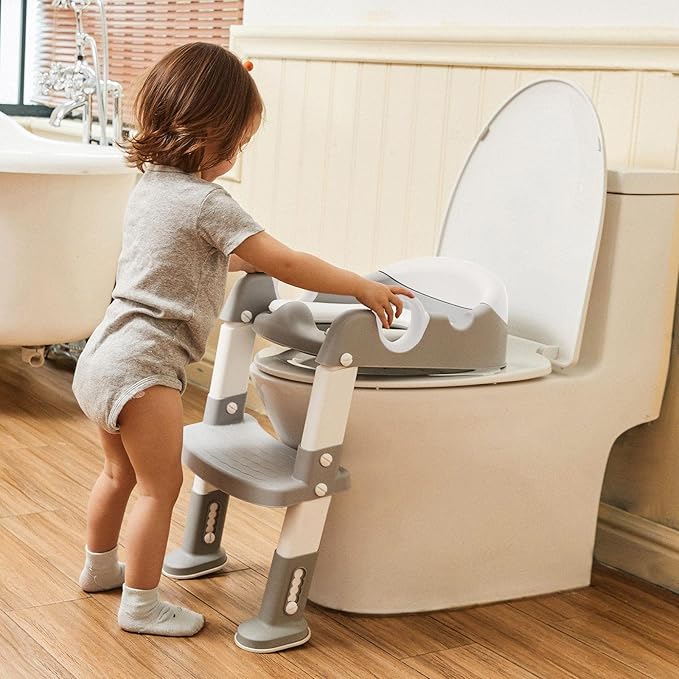 Wiifo Sturdy Potty Ladder with Soft Padded Cushion for Kids and Toddler, Step Stool Ladder for Toilet Training Seat(Grey White)