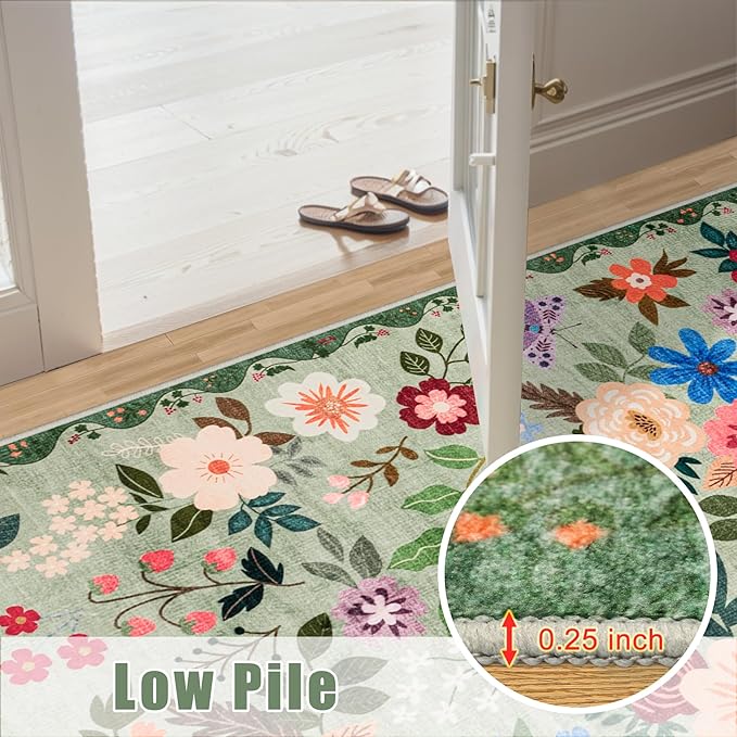 Area Rugs 9x12 Living Room: Floral Washable Rug Vintage Large Soft Boho Non-Slip Carpet Indoor Stain Resistant Low Pile Carpets for Bedroom Dining Room Farmhouse Nursery Hallway Home Office Green