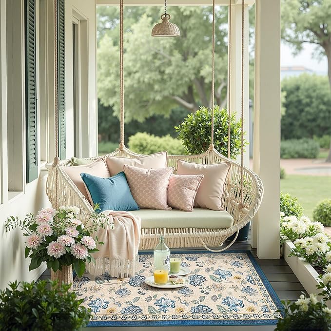 jinchan 3x5 Floral Rug for Entryway Washable Kitchen Rug Vintage Romance Design Small Mat Non Slip Indoor Doormat Lightweight Low-Profile Throw Carpet for Entrance Bathroom Laundry Room, Blue/Beige