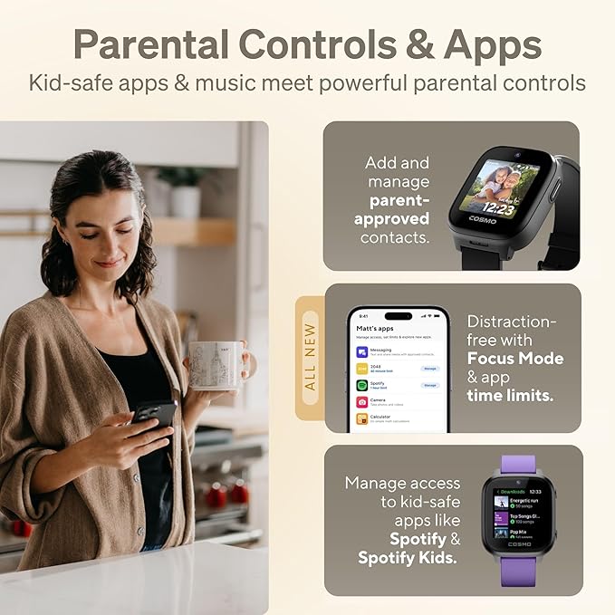JrTrack 5 Kids Smart Watch by Cosmo | Best Kid-Safe Phone Watch | Precision Real-Time GPS Tracking | Call, Text, Activity, School Settings | Spotify Music | Parental Controls | SOS & Safety Alerts