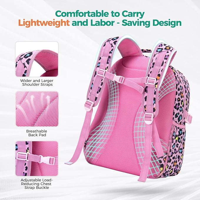 Choco Mocha Cheetah Backpack for Girls, Elementary School Backpack for Girls Ages 6-8 Kids Kindergarten Backpack Large Bookbag 18 Inch with Chest Strap, Pink