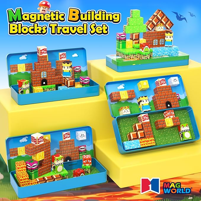 Magnetic Blocks Travel Toys with Portable Metal Tin - STEM Magnet Building Blocks Toddler Kids Toys for 3 4 5 6 7 8 Year Old Boys & Girls Xmas Birthday Gifts Classroom Must Haves Decor
