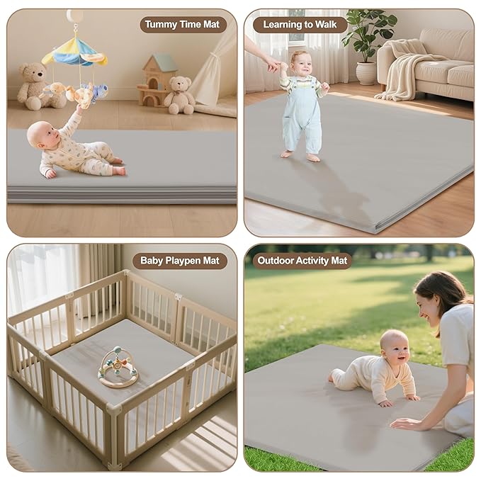 Baby Play Mat 47x47 Inches, Extra Thick 1.2" Foam Floor Mat for Tummy Time & Crawling, Waterproof Non-Slip Faux Leather Playpen Mat for Infants Toddlers, Indoor Outdoor Gym Activity, Gray