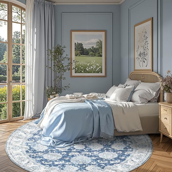 jinchan Round Rug 7ft Area Rug - Dark Blue Vintage Floor Mat Kitchen Indoor Ultra-Thin Soft Floral Print - Washable Circle 7' Retro Accent for Farmhouse Non Slip Dining Room Living Room Bedroom Office