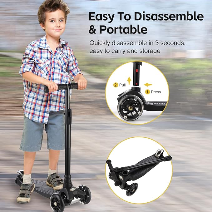 3 Wheel Scooter for Kids Ages 6-12,Kids Scooter with Light Up Wheels, Sturdy Deck Design, and 4 Height Adjustable Suitable for Kid Ages 3-12