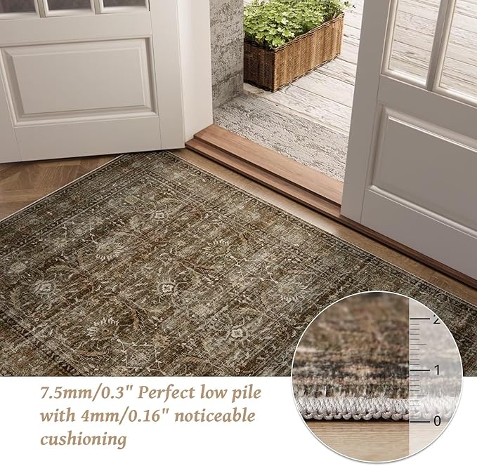Washable 6x9 Area Rugs for Living Room, Boho Non-Slip Silicone Backing Large Rugs for Bedroom Dining Room Nursery Office, 0.3" Neutral Oriental Throw Carpet with 0.16" Cushioning Pad,Deep Brown/Multi