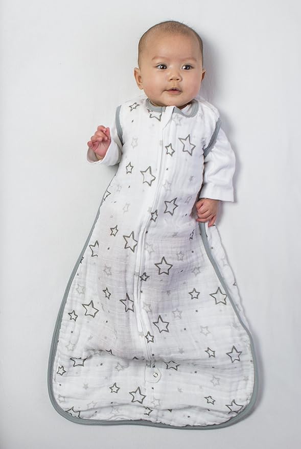 Amazing Baby Cotton Muslin Sleeping Sack, For Baby Boy or Girl, Wearable Blanket with 2-way Zipper, Stars, Sterling, Medium (6-12 Month)