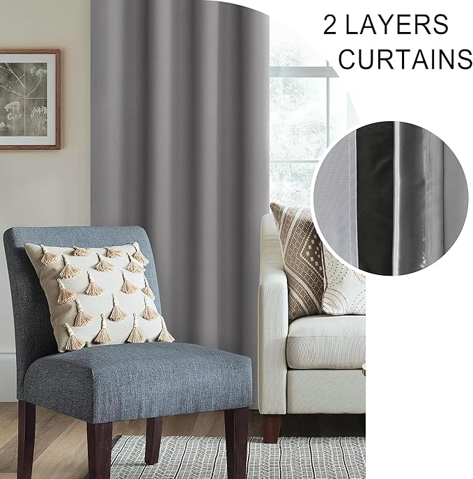 XWZO 100% Blackout Curtain Panels - Rod Pocket Thermal Insulated Black Liner, Noise Reducing and Heat Blocking Drapes for Hall and Extra Wide Windows with Tiebacks, Grey, W70 x L63, Set of 2