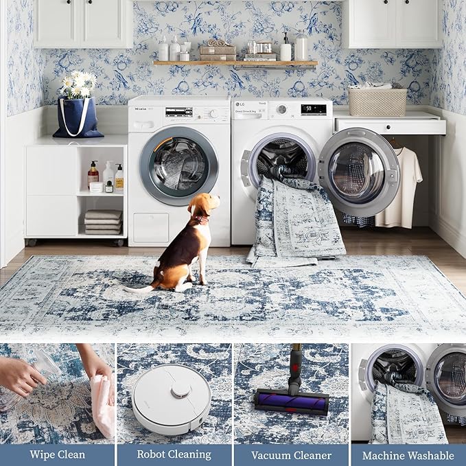 jinchan 9x12 Area Rugs for Living Room - Machine Washable Vintage Floral Distressed Design Stain Resistant Carpet Low Pile Non-Slip Large Rug for Bedroom Dining Room Home Office (9‘x12',Dark Blue)