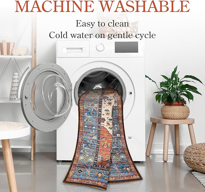 Lahome Boho 2x5 Hallway Runner Rug - Non-Slip Low-Pile Kitchen Washable Runner Oriental Distressed Throw Bathroom Rug Carpet for Entrance Bedroom Laundry Room