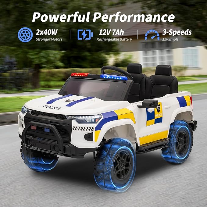 12V 7Ah Electric Police Car Ride on Toy for Big Kids, 2 Seater Kids Ride on Car SUV w/Remote Control, Bluetooth - White
