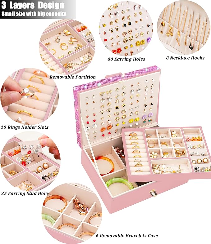 Jewelry Box for Earrings for Girls Jewelry Organizer Box Earring Holder Organizer for Girls Earring Box Jewelry Box Stud Earring Organizer for Girls Earring Jewelry Boxes for Women Pink Bling