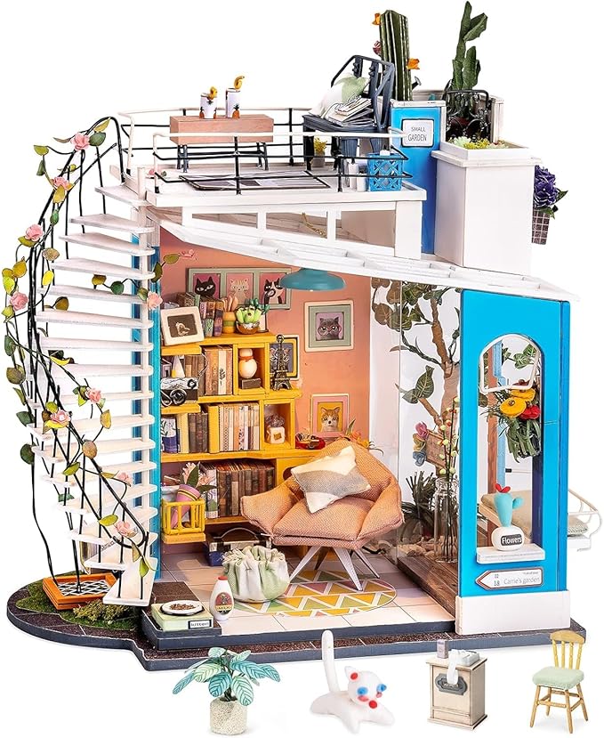 Rolife DIY Miniature House Kit Dora's Rooftop, Tiny House Kit for Adults to Build, Mini House Making Kit with Furnitures, Halloween/Christmas Decorations/Gifts for Family and Friends (Dora's Rooftop)