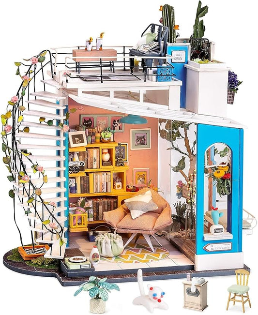Rolife DIY Miniature House Kit Dora's Rooftop, Tiny House Kit for Adults to Build, Mini House Making Kit with Furnitures, Halloween/Christmas Decorations/Gifts for Family and Friends (Dora's Rooftop)