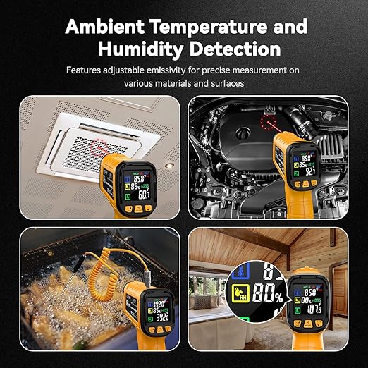 50:1 Infrared Thermometer -58F to 1796F, Laser Temp Gun with Thermocouple Probe for Pizza Oven, HVAC, BBQ, High Temp Gun with Humidity Sensor, Accurate for Home and Industrial Use