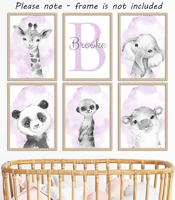 Safari Animals Set of 6 Unframed Poster Prints for Baby Girls Nursery Bedroom Playroom, Personalized Name, Choice of 12 Animals, Pink Purple (9x12)