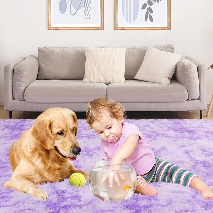 Area Rugs 9x12, Fluffy Rugs for Living Room, Ultra Soft Rugs for Bedroom, Non-Slip Indoor Carpet for Nursery, Kids Room, Playroom, Home Decor, Tie-Dyed Purple