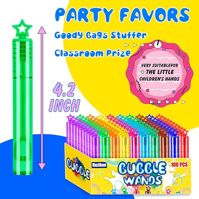 100 PCS Bubble Wands for Kids, 10 Colors Bulk Bubble Wand with Star Top, Perfect for Birthday, Carnival, Summer Outdoor Toys,Goody Bags Stuffer,Prize,Party Favors, Wedding