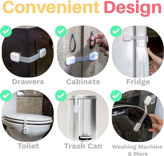 Inaya 16-Pack Child Proof Locks for Cabinet Doors, Drawers, Fridge, Toilet Seat, Dishwasher, Trash Can, Cupboard - 3M Adhesive - No Drilling - Baby Proofing Cabinet Locks